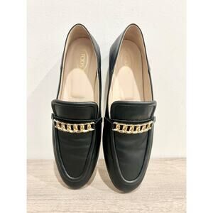 Tod's Calf Leather Slip On Flat Loafer with Gold Chain Catena Black Women 39/8.5